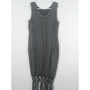 Custom Acid Wash Knit Tank Maxi Dress L Braided Macrame Fringe Boho Festival EUC